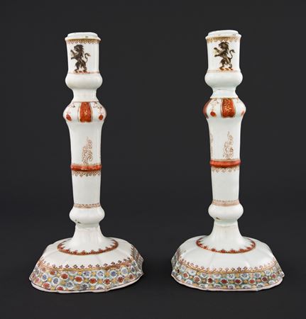 Pair of Chinese export porcelain Armorial Candlesticks, Arms of Chase