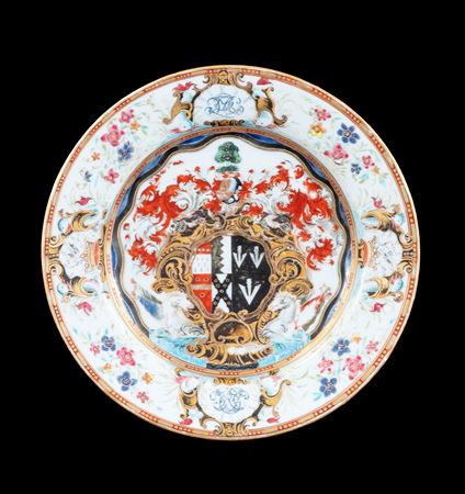 GG: Chinese export armorial porcelain dinner plate, arms of Okeover