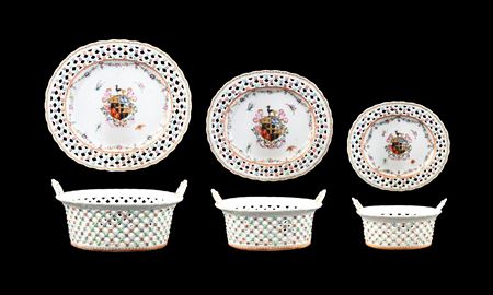GG: Set of Three Chinese armorial porcelain reticulated baskets and stands, arms of Piggott