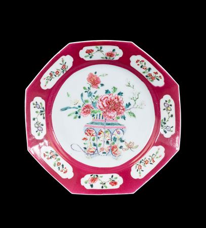 GG: Chinese famille rose semi-eggshell porcelain dinner plate with ruby ground