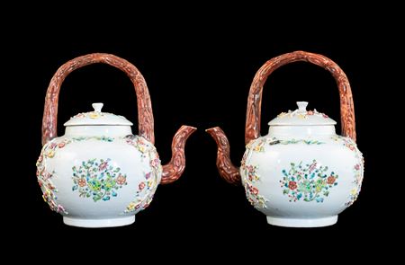 GG: Pair of Chinese export porcelain famille rose punchpots with appliqué flowers