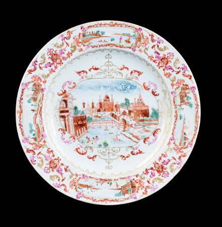 GG: Chinese export porclain famille rose dinner plate with a View of Rome