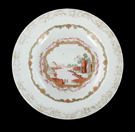 Chinese export porcelain famille rose soup plate with a Meissen style scene