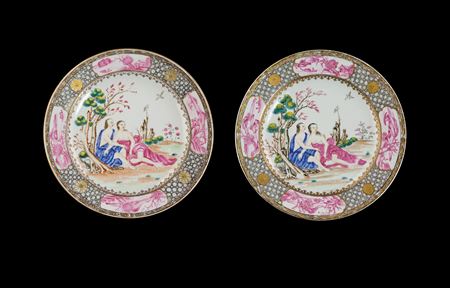Pair of Chinese export porcelain famille rose dinner plates with European subject
