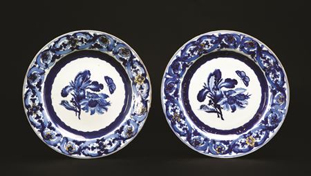 Pair of Chinese export porcelain blue and white dinner plates with designs after maria sybille merian