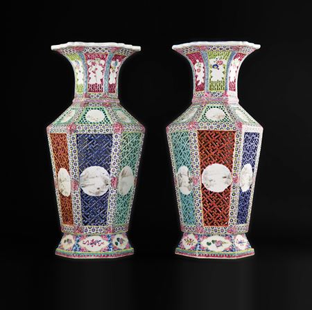 Pair of Chinese porcelain reticulated famille rose vases